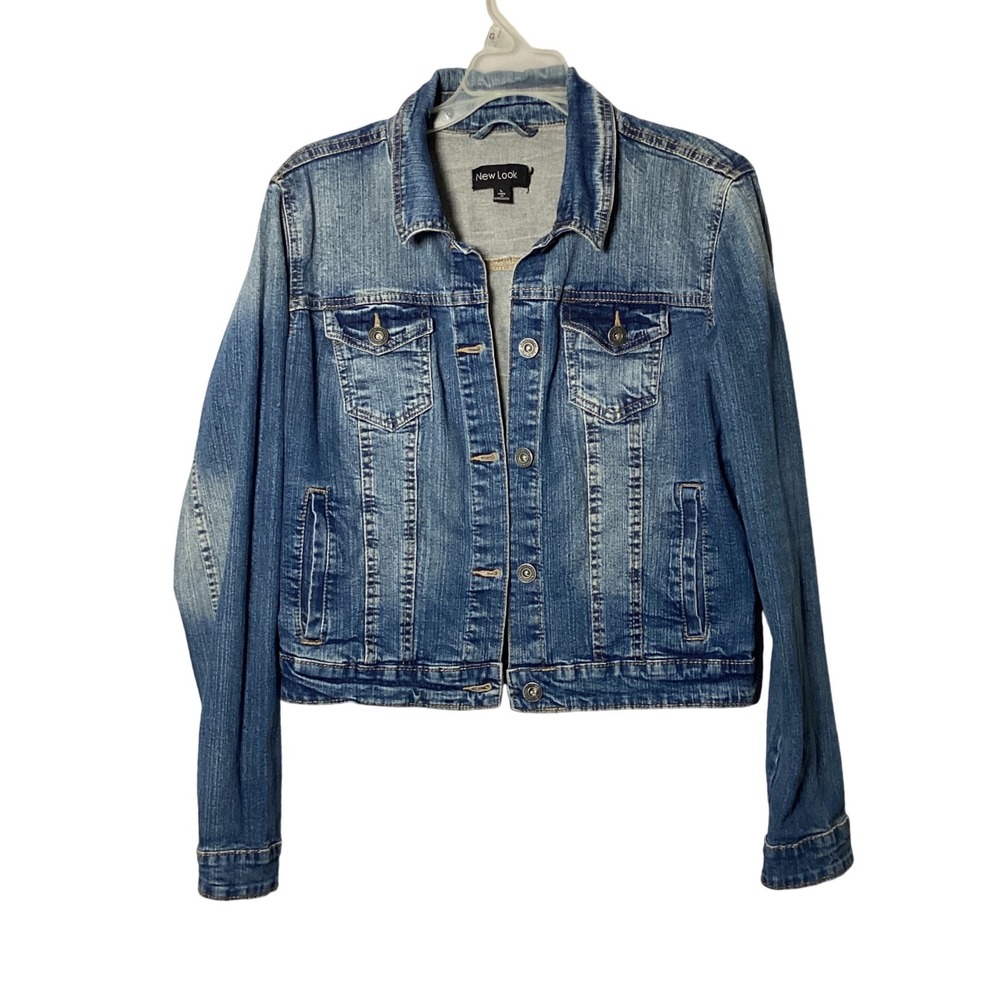New Look Denim Jacket Women Size Large Medium Wash Stretch Trucker Button Up